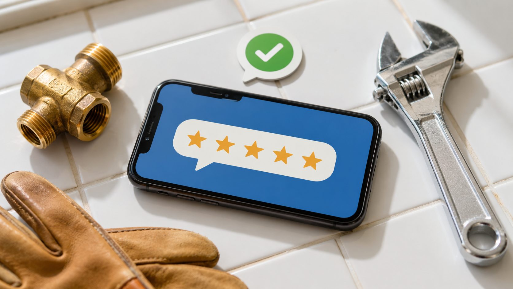 5-sterren reviews op smartphone in werkplaats setting