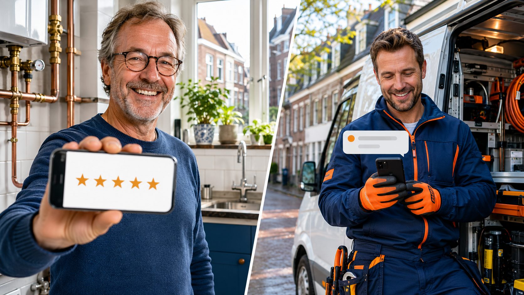 Klant geeft 5-sterren review, loodgieter ontvangt notificatie naast bus
