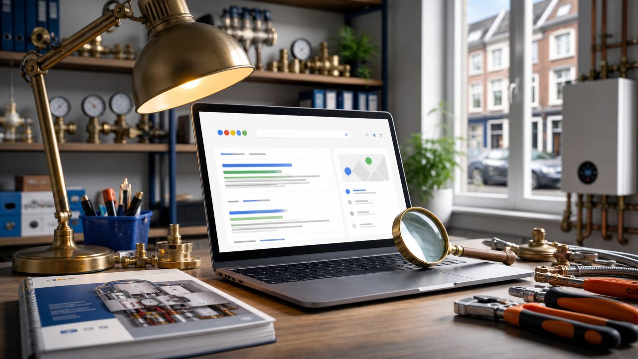 SEO voor loodgieters — Google ranking dashboard op laptop