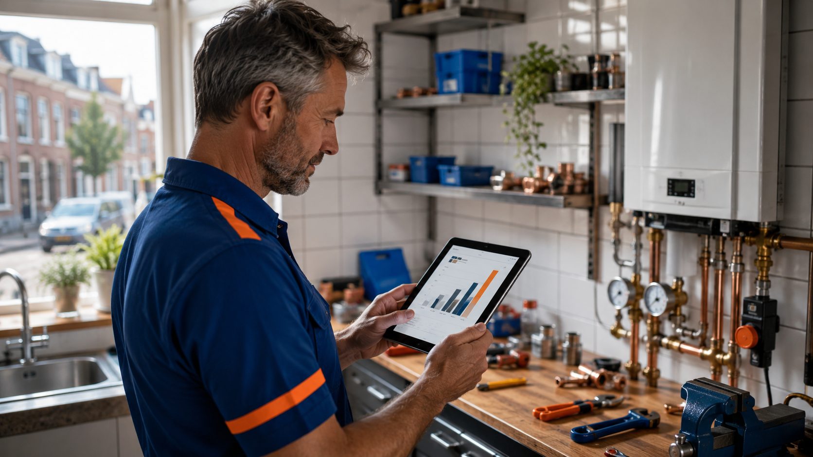 Loodgieter bekijkt SEO ranking-chart op tablet in werkplaats