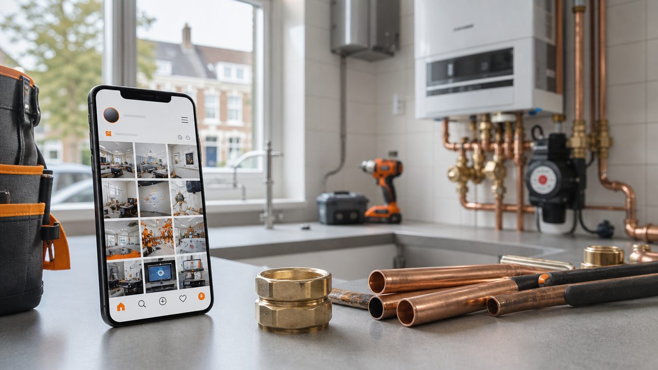 Instagram feed voor loodgieter op smartphone — werkfotos en klant resultaten