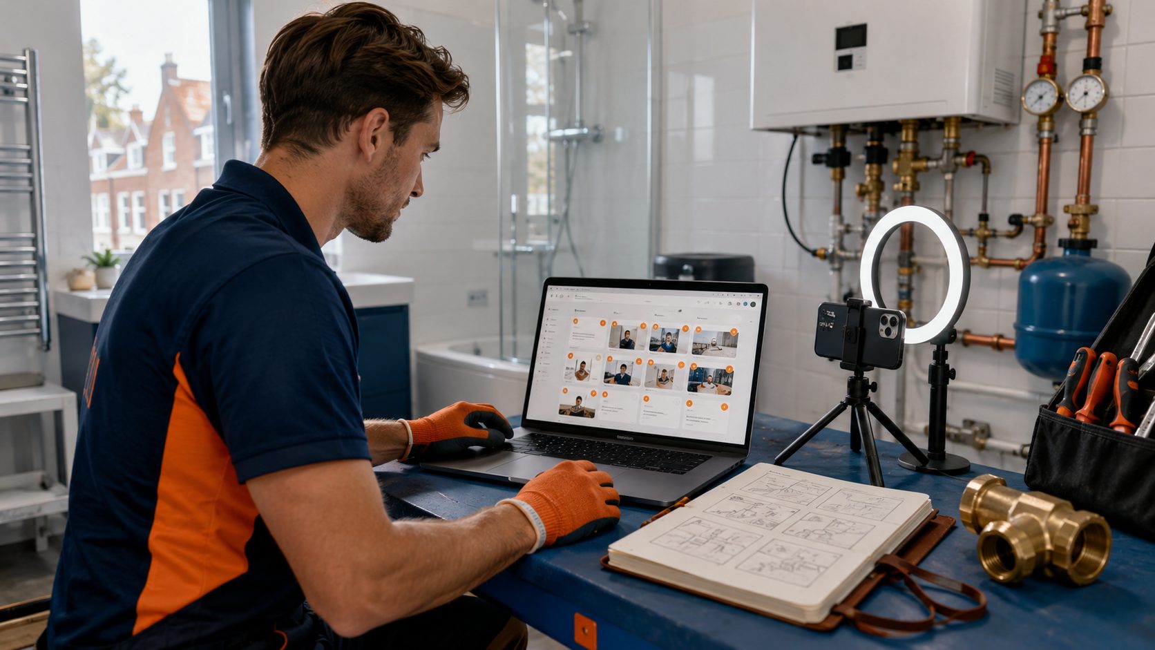Content planner met ring-light setup op loodgieter werkbank