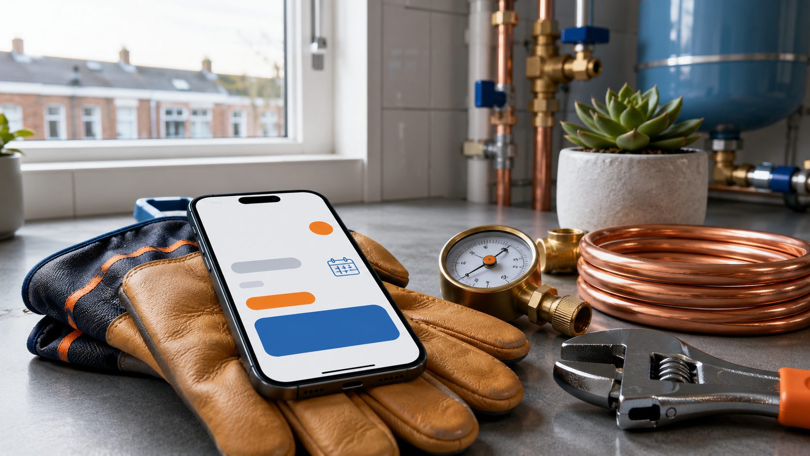 Call-summary van Voice AI telefonist op smartphone naast pipe wrench